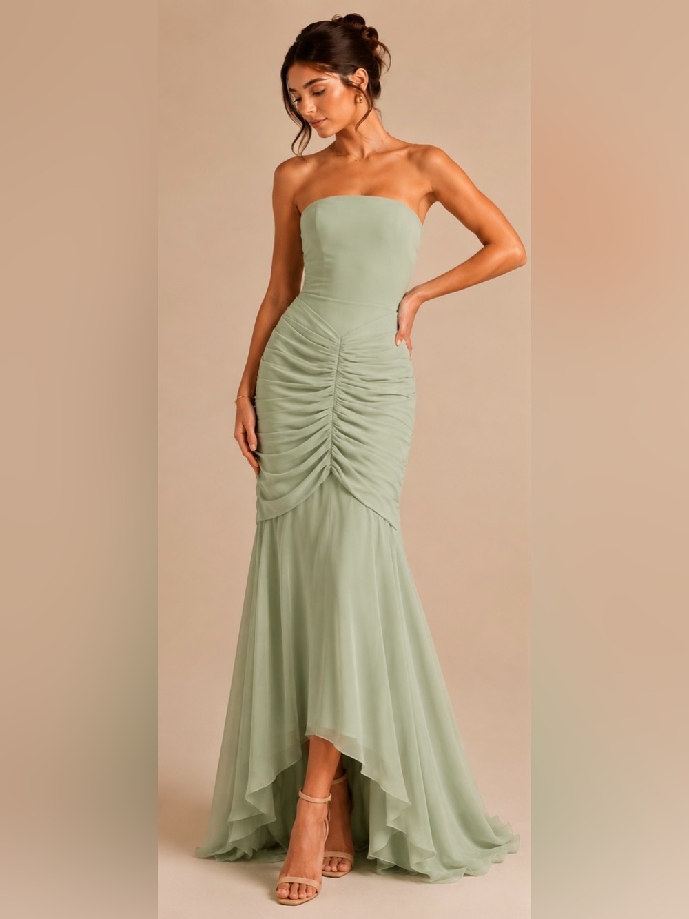 NWT MiwiNovia Sage Strapless Ruched Chiffon High Low Maxi Dress Size 6